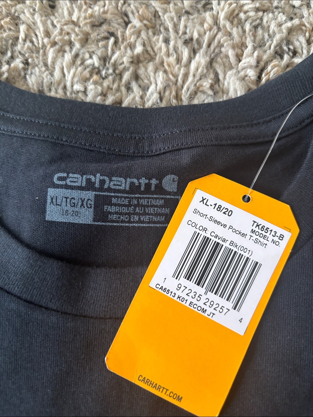 NWTCarhartt Youth XL 18/20 Black Pocket T-Shirt TK6513-B Caviar Short Sleeve Tee - Picture 2 of 5